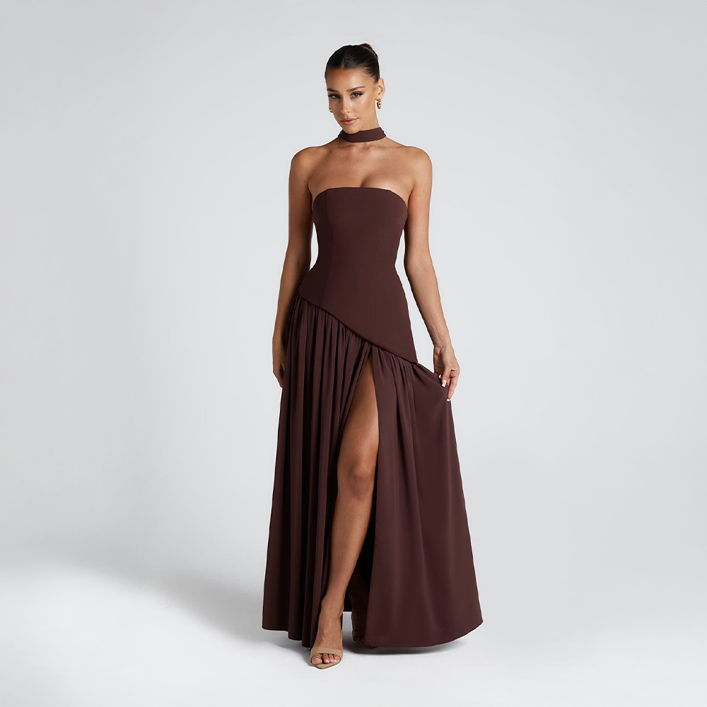 Odessa | Women's Strapless Maxi Dress with High Slit Detail