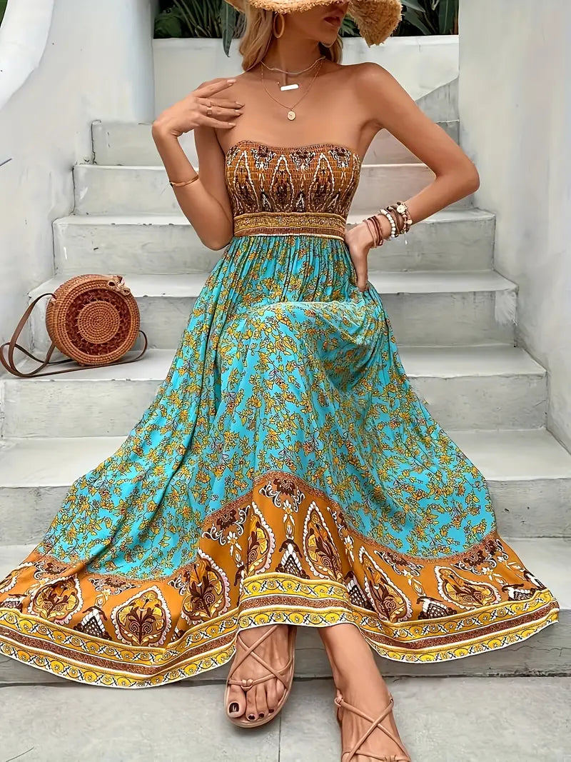 Zahara | Boho Tribal Print Strapless Womens Pleated Midi Dress