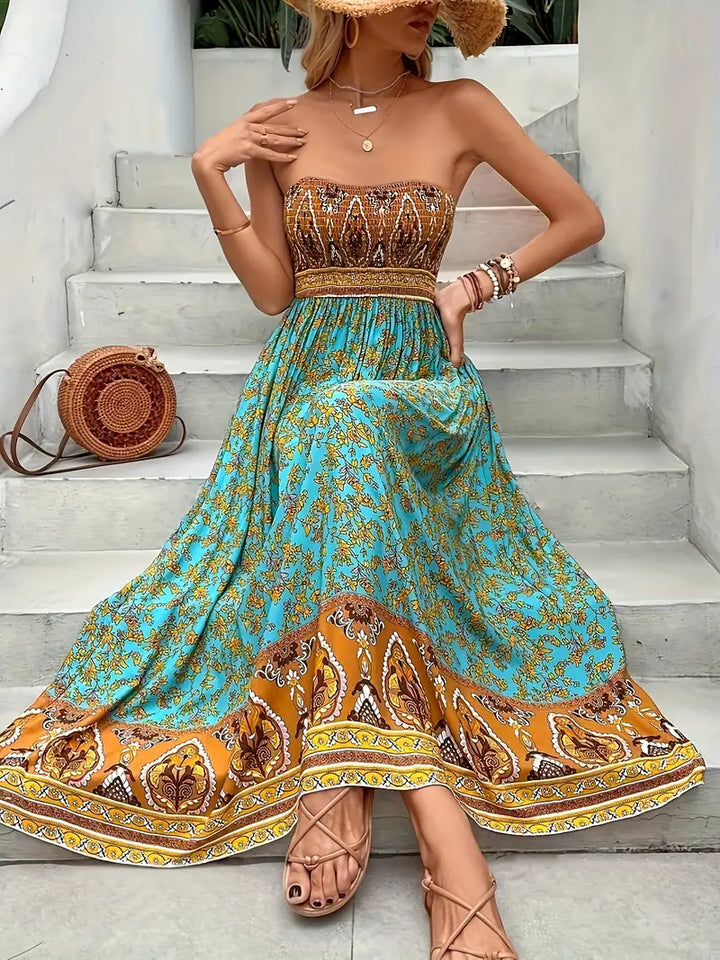 Zahara | Boho Tribal Print Strapless Womens Pleated Midi Dress