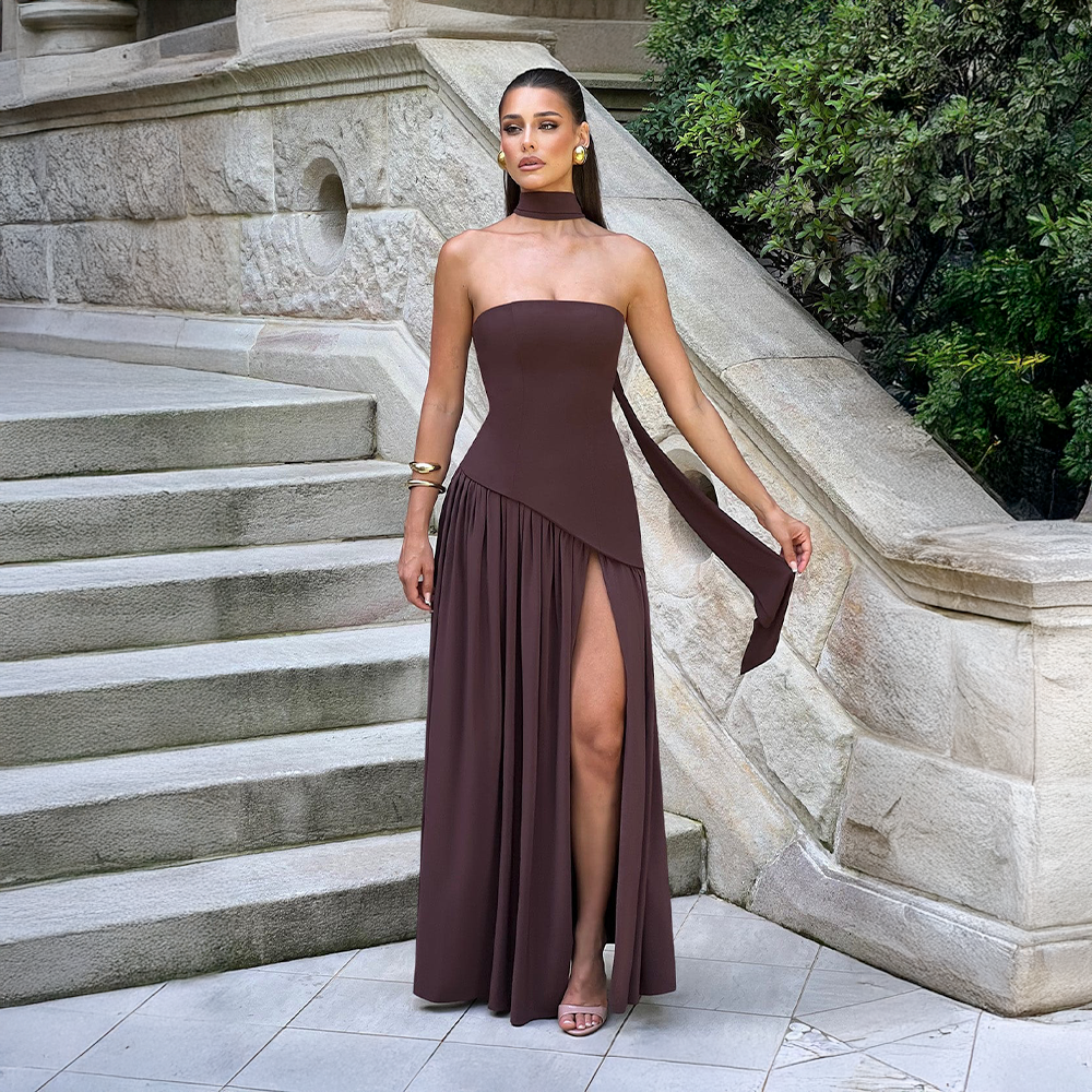 Odessa | Women's Strapless Maxi Dress with High Slit Detail