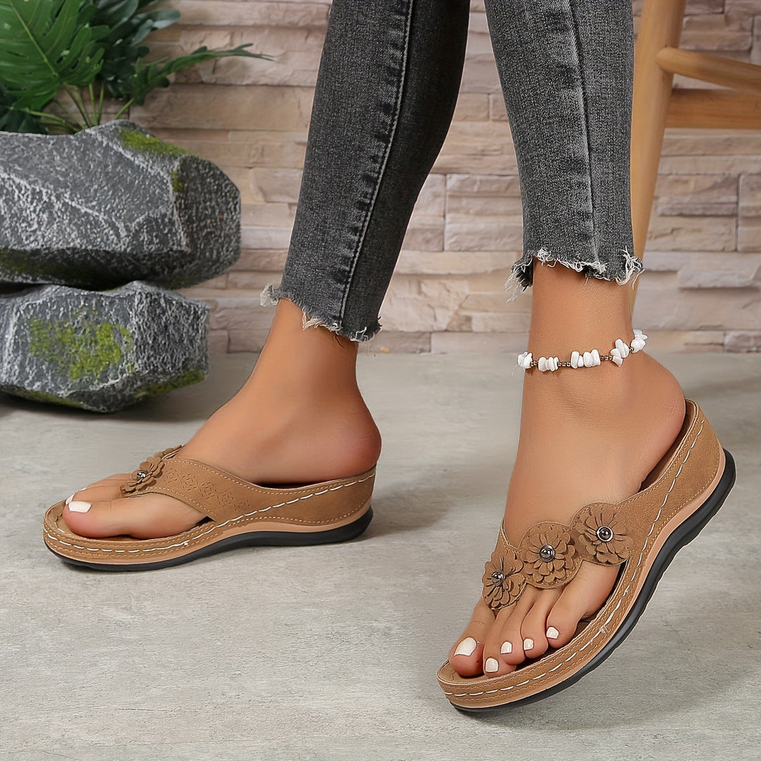 Fiora | Floral Embellished Wedge Sandals with Toe Loop