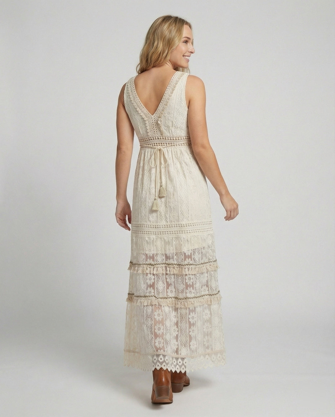 Seraphine | Tiered Lace Tassel V-Neck Boho Dress with Crochet Waist