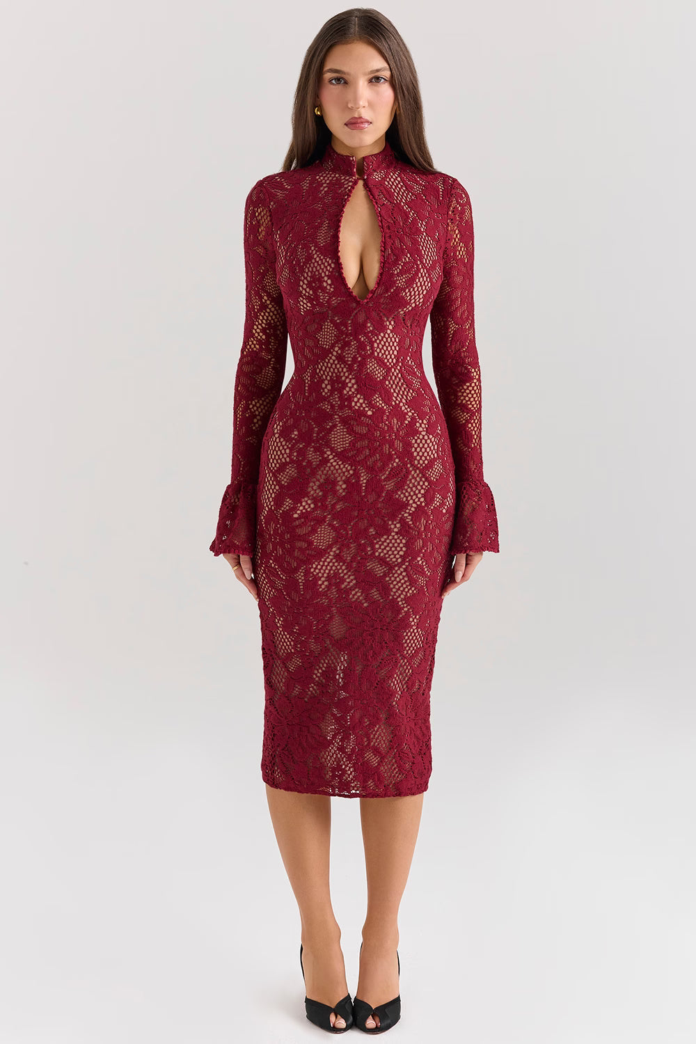 Theodora | Women's Long Sleeve Lace Wedding Guest Dress Keyhole