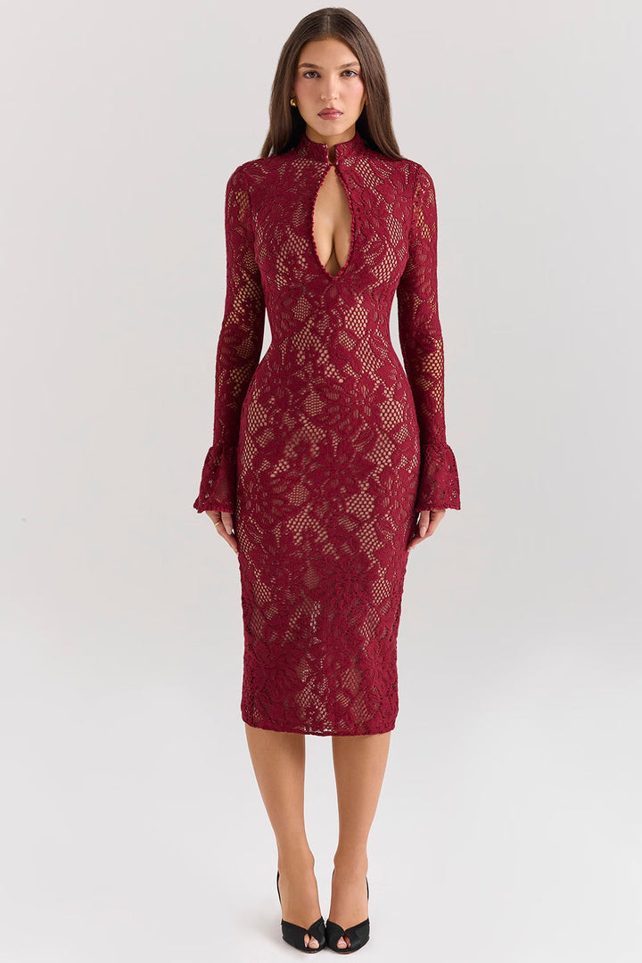 Theodora | Women's Long Sleeve Lace Wedding Guest Dress Keyhole