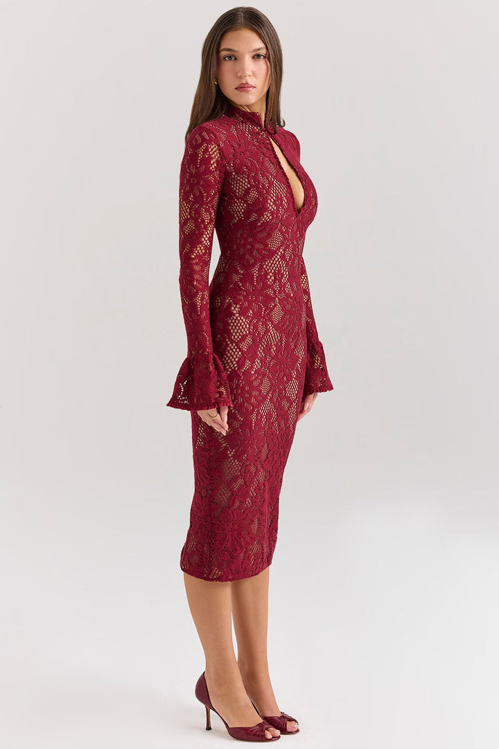 Theodora | Women's Long Sleeve Lace Wedding Guest Dress Keyhole