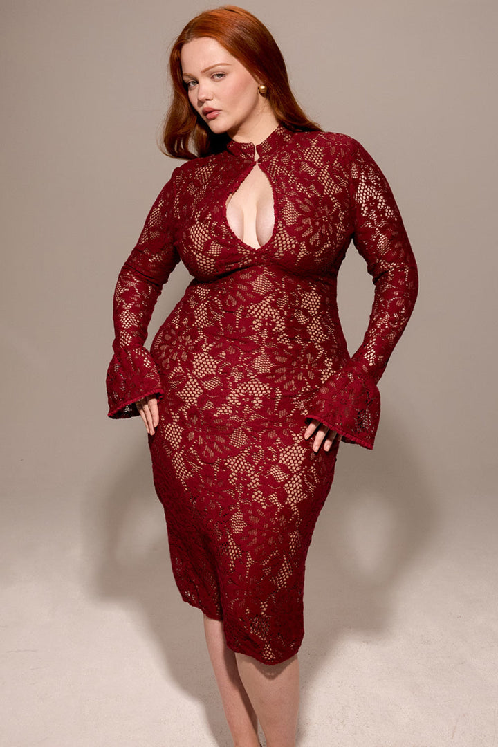 Theodora | Women's Long Sleeve Lace Wedding Guest Dress Keyhole
