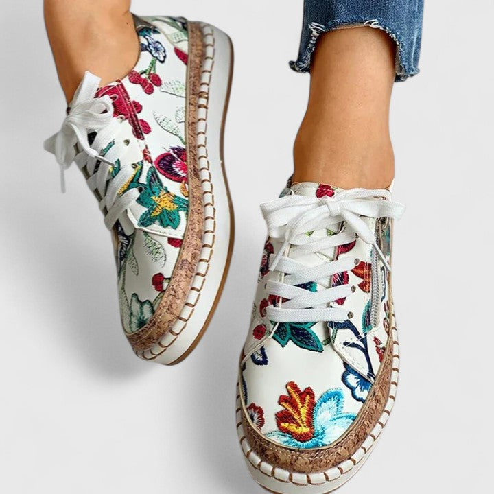 Marguerite | Women's Lace-Up Orthopedic Flats with Floral Embroidered Detail
