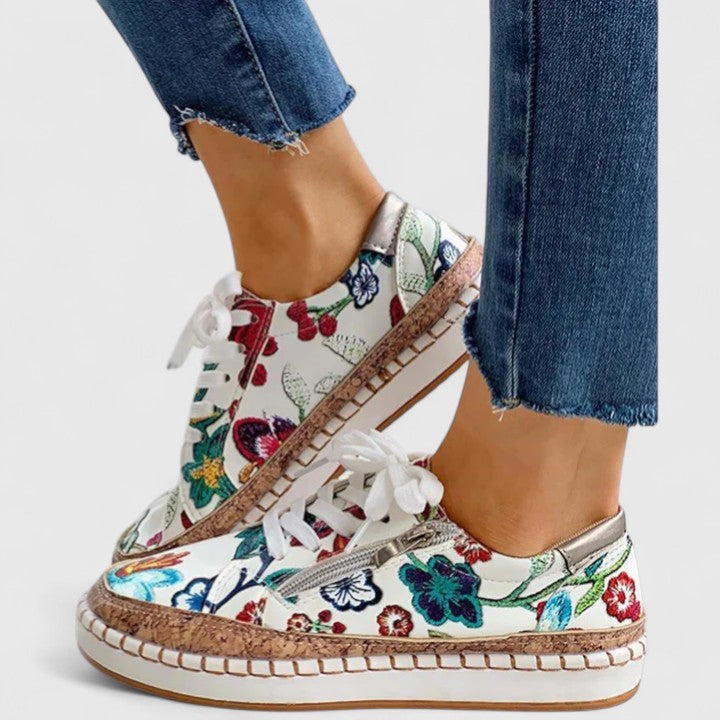 Marguerite | Women's Lace-Up Orthopedic Flats with Floral Embroidered Detail