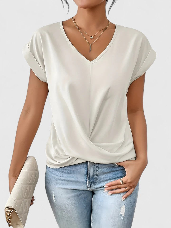 Odette | Women's V-Neck Twist Front Top with Cap Sleeve Detail