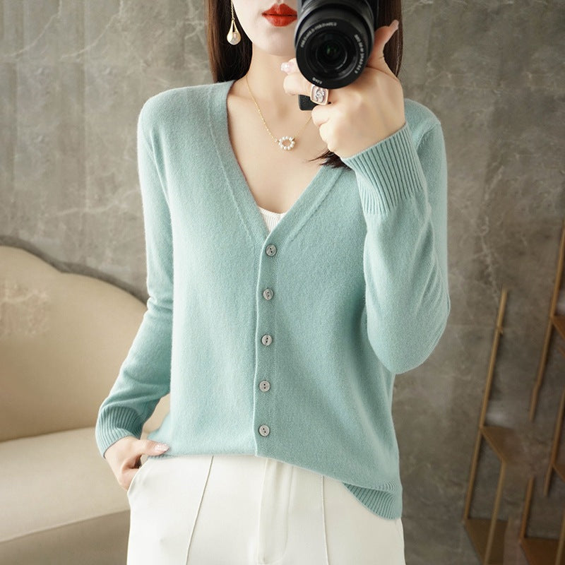 Genevieve | Women's V-Neck Button-Front Cardigan – Fitted Long Sleeve Design