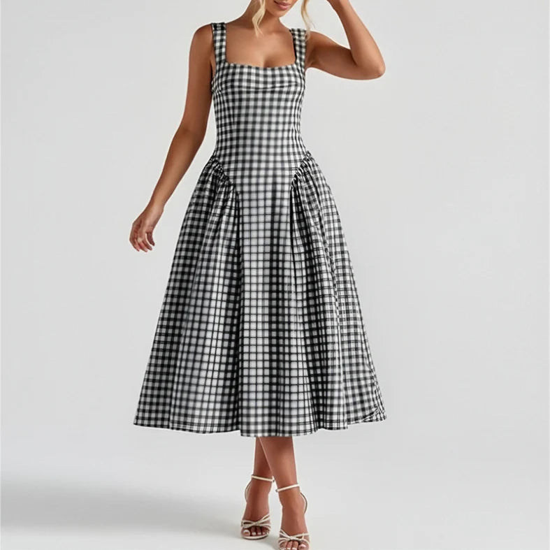 Harriet | Gingham Square Neck Womens Pleated Midi Dress