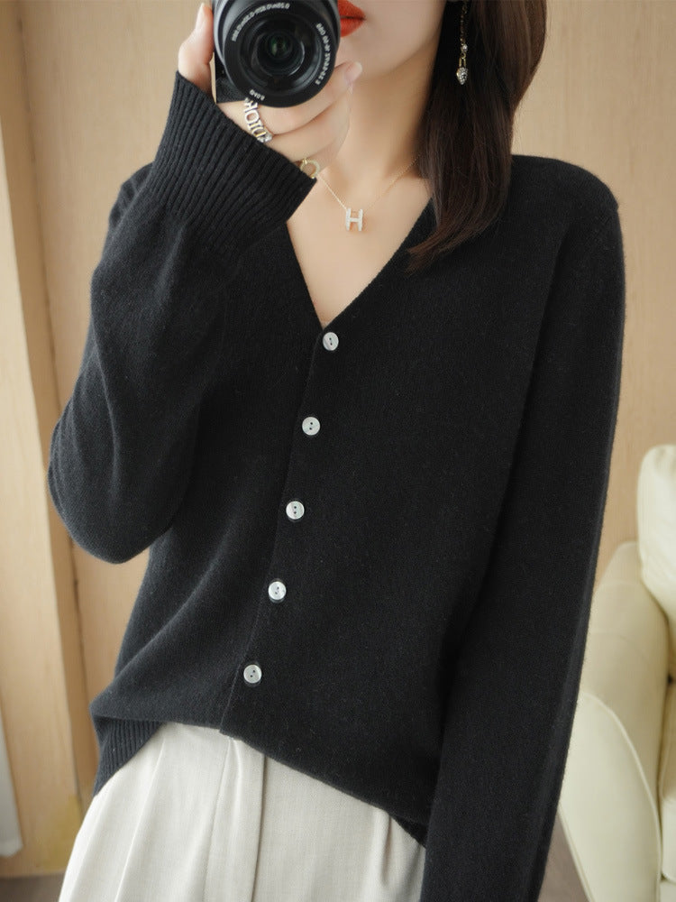 Genevieve | Women's V-Neck Button-Front Cardigan – Fitted Long Sleeve Design