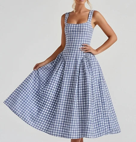 Harriet | Gingham Square Neck Womens Pleated Midi Dress