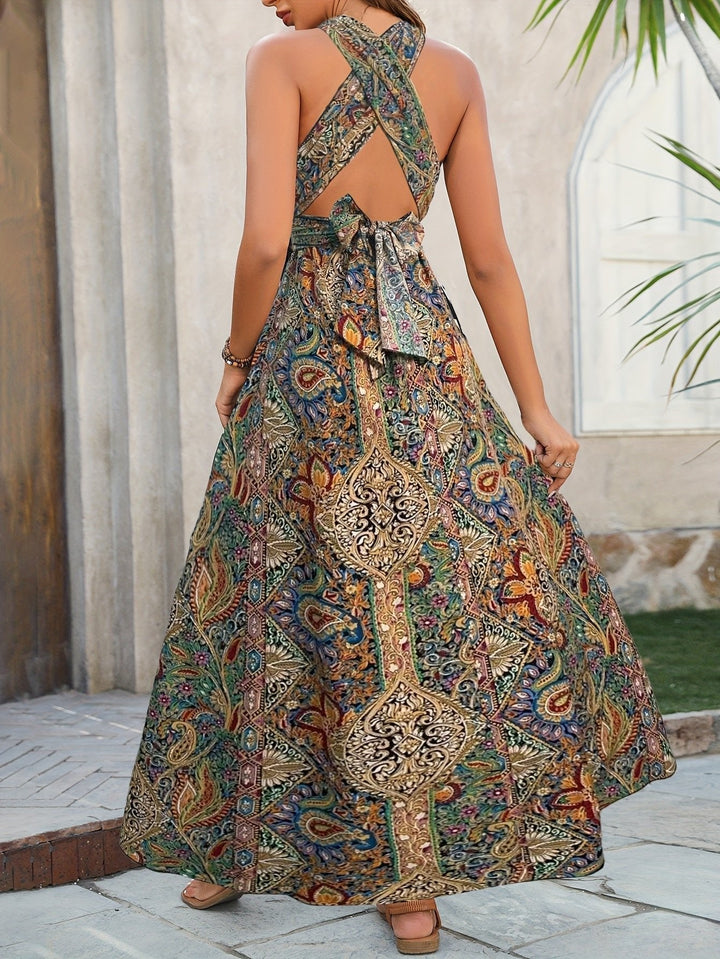Indira | Paisley Tapestry Cut Out Halter Neck Maxi Dress with Split