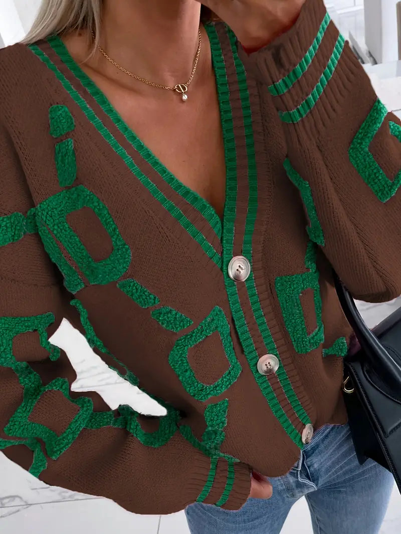 Isadora | Women's Button-Down V-Neck Long Sleeve Cardigan – Geometric Pattern Trim