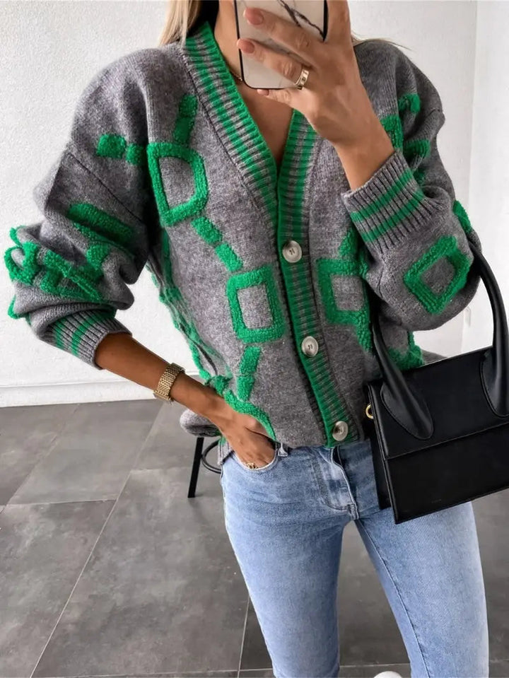 Isadora | Women's Button-Down V-Neck Long Sleeve Cardigan – Geometric Pattern Trim