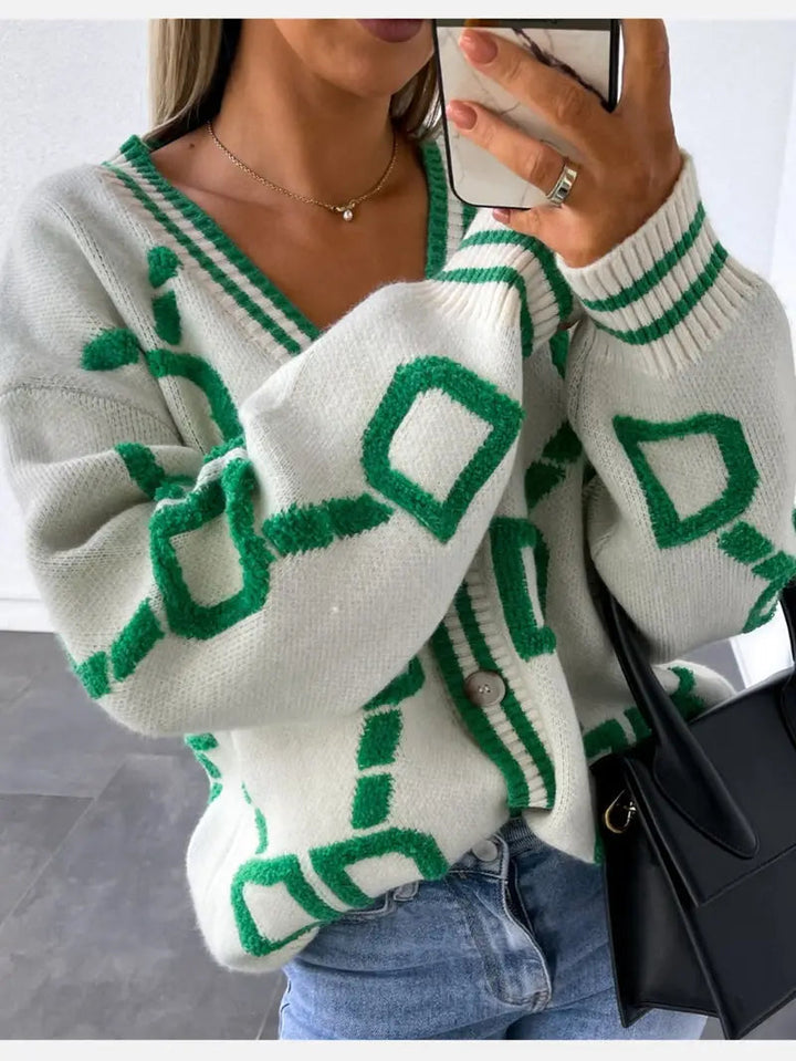 Isadora | Women's Button-Down V-Neck Long Sleeve Cardigan – Geometric Pattern Trim