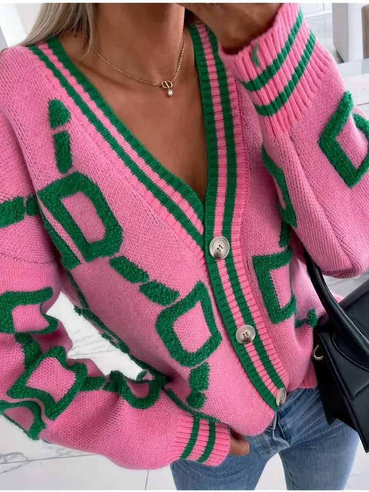 Isadora | Women's Button-Down V-Neck Long Sleeve Cardigan – Geometric Pattern Trim