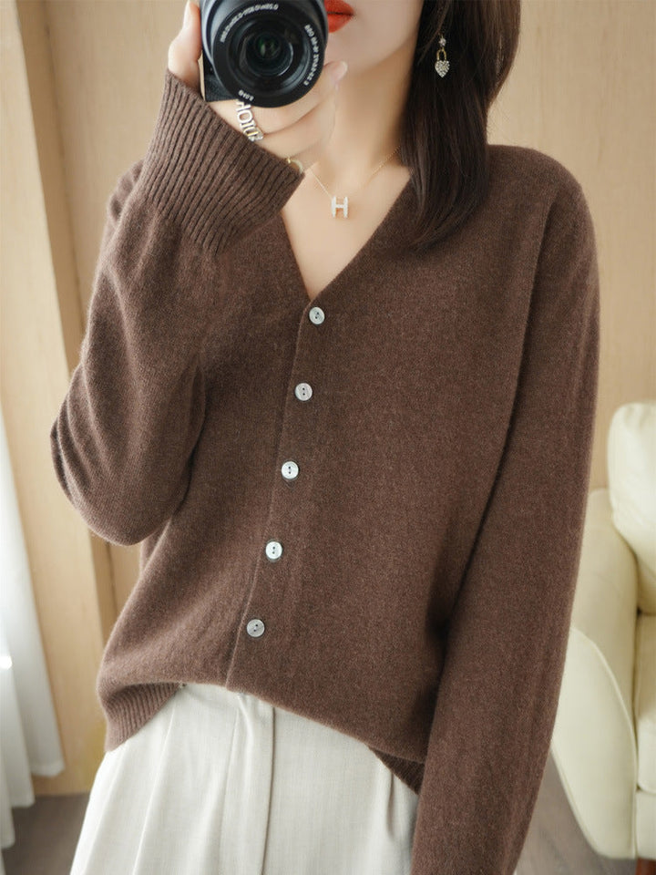 Genevieve | Women's V-Neck Button-Front Cardigan – Fitted Long Sleeve Design