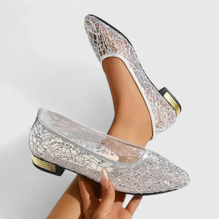 Glinda | Metallic Lace Pointed Toe Orthopedic Flats with Gold Heel