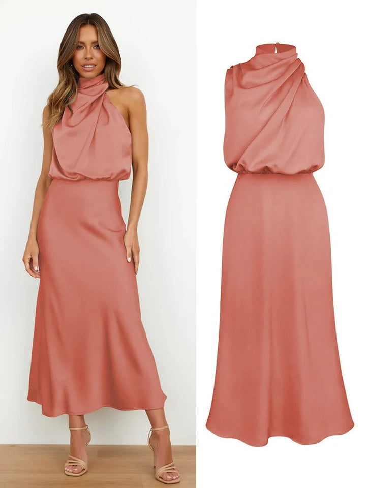 Vivara | Cowl Twist Blouson Halter Neck Maxi Dress in Satin