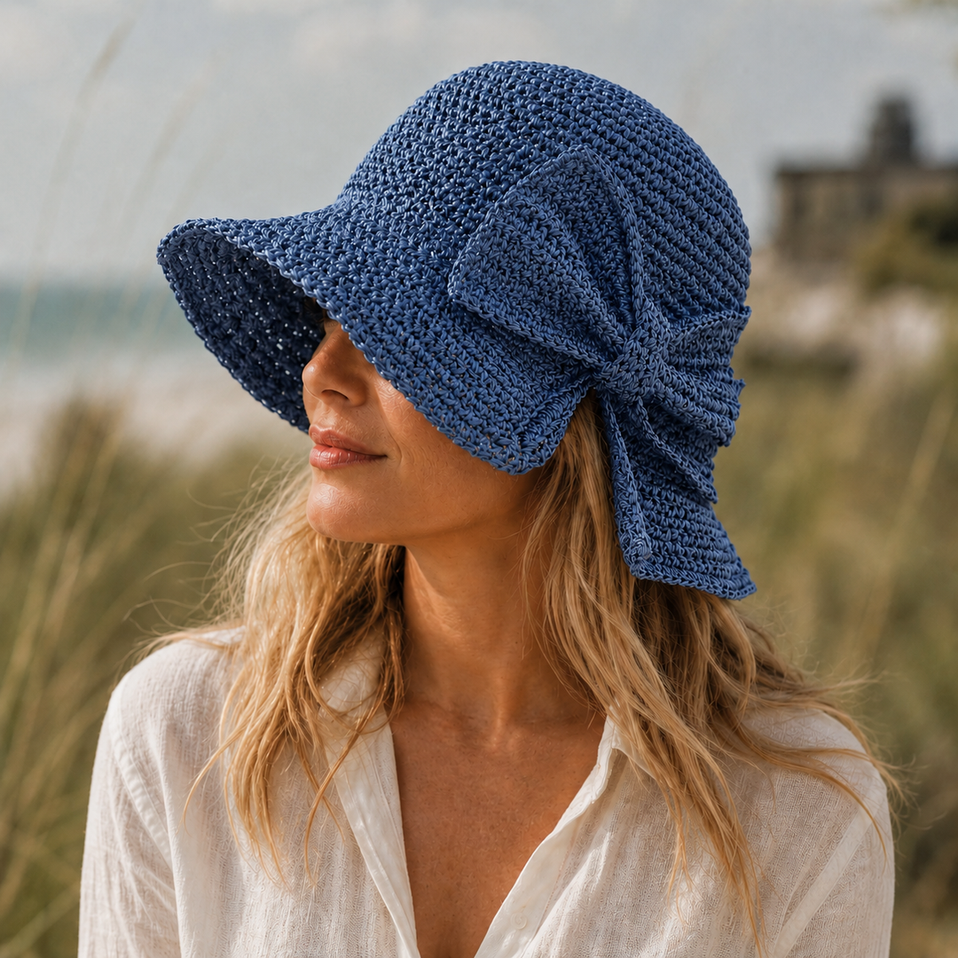 Genevieve | Women's Wide Brim Crochet Hat with Woven Bow Detail