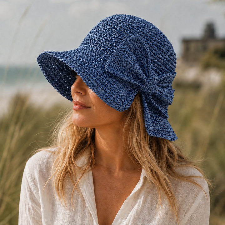Genevieve | Women's Wide Brim Crochet Hat with Woven Bow Detail