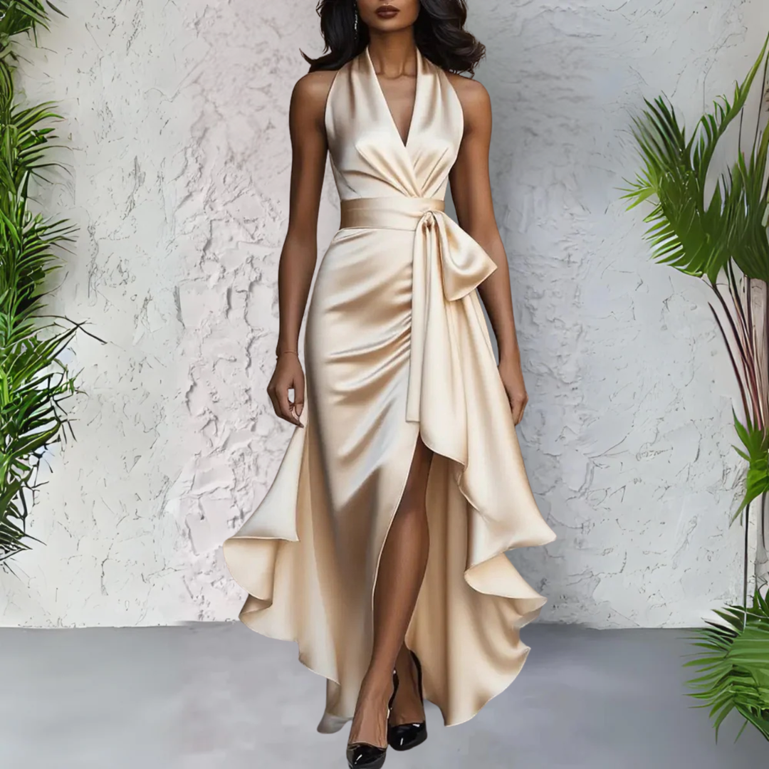 Vivienne | Bow Waist Ruffle Hem Satin Halter Neck Dress