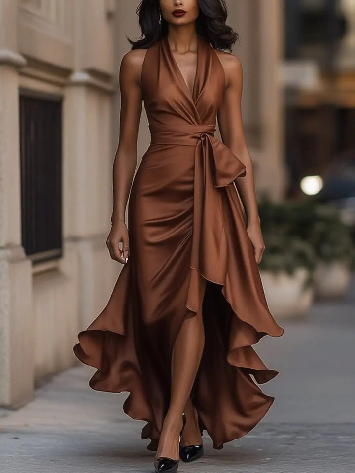 Vivienne | Bow Waist Ruffle Hem Satin Halter Neck Dress