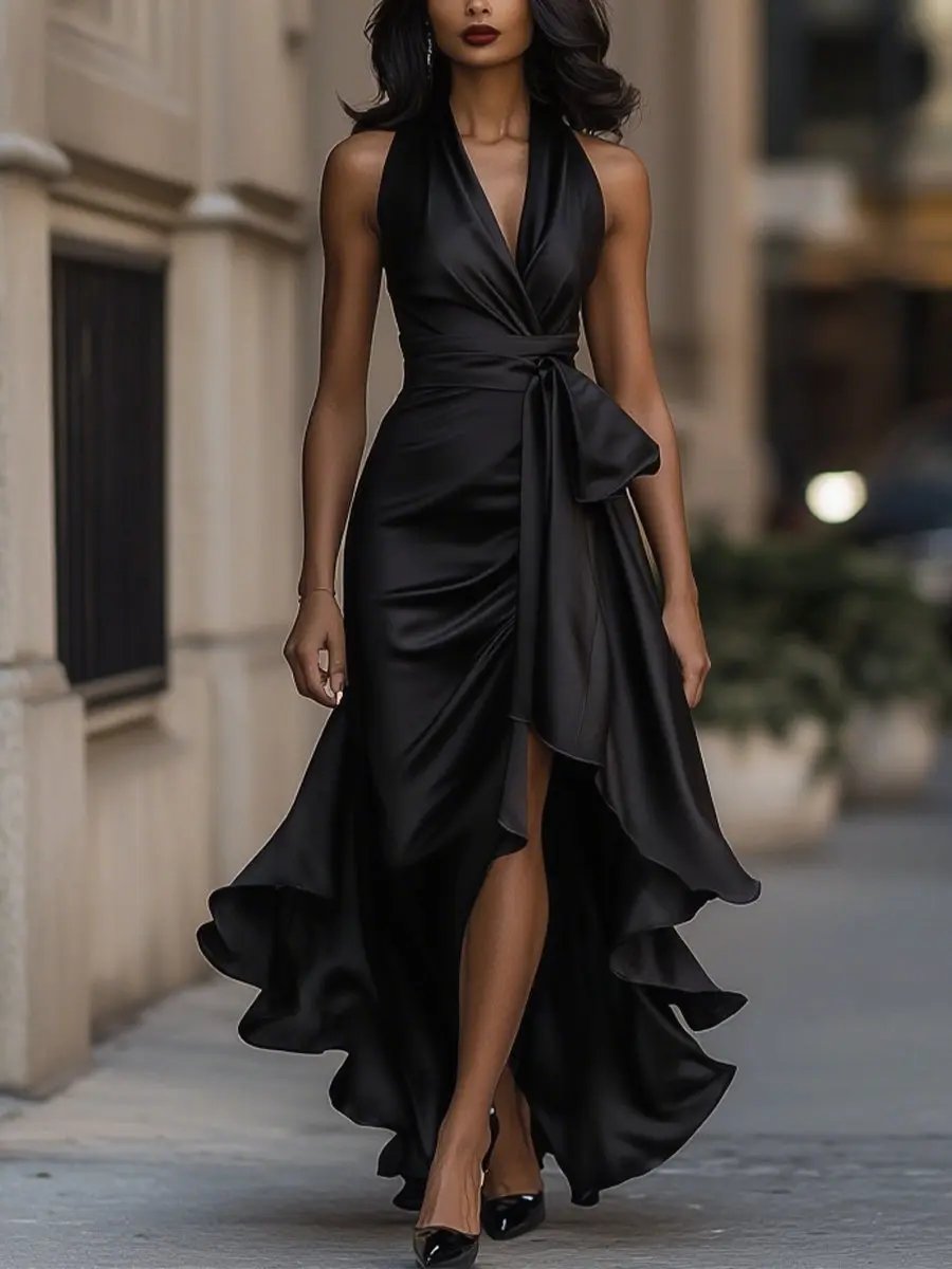 Vivienne | Bow Waist Ruffle Hem Satin Halter Neck Dress