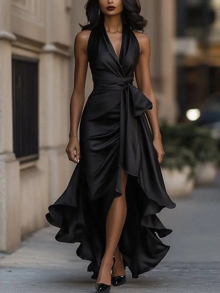 Vivienne | Bow Waist Ruffle Hem Satin Halter Neck Dress