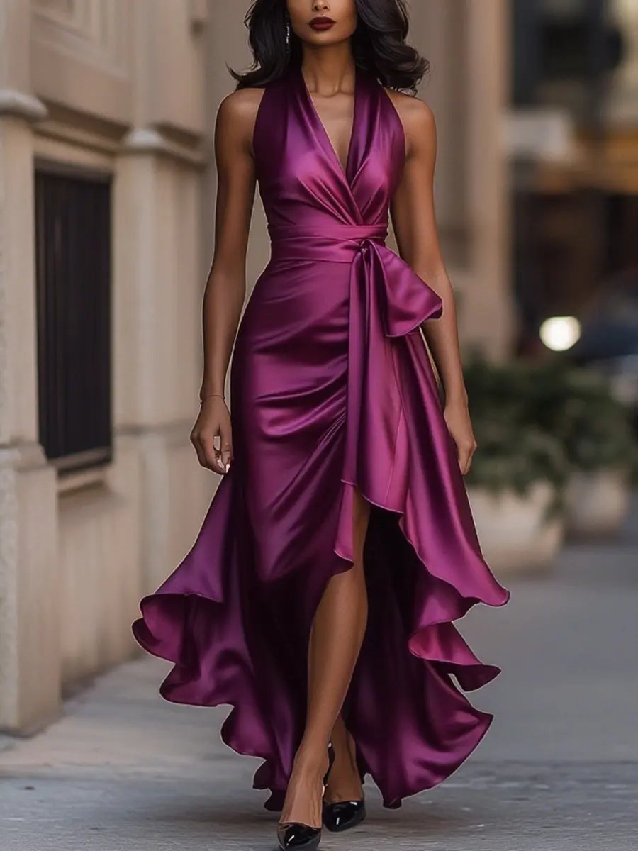 Vivienne | Bow Waist Ruffle Hem Satin Halter Neck Dress