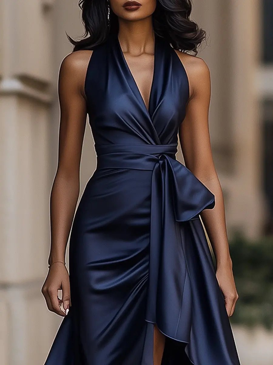 Vivienne | Bow Waist Ruffle Hem Satin Halter Neck Dress