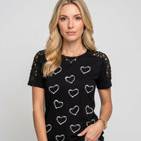 Genevieve | Women's Heart Print Top with Lace Sleeve Detail