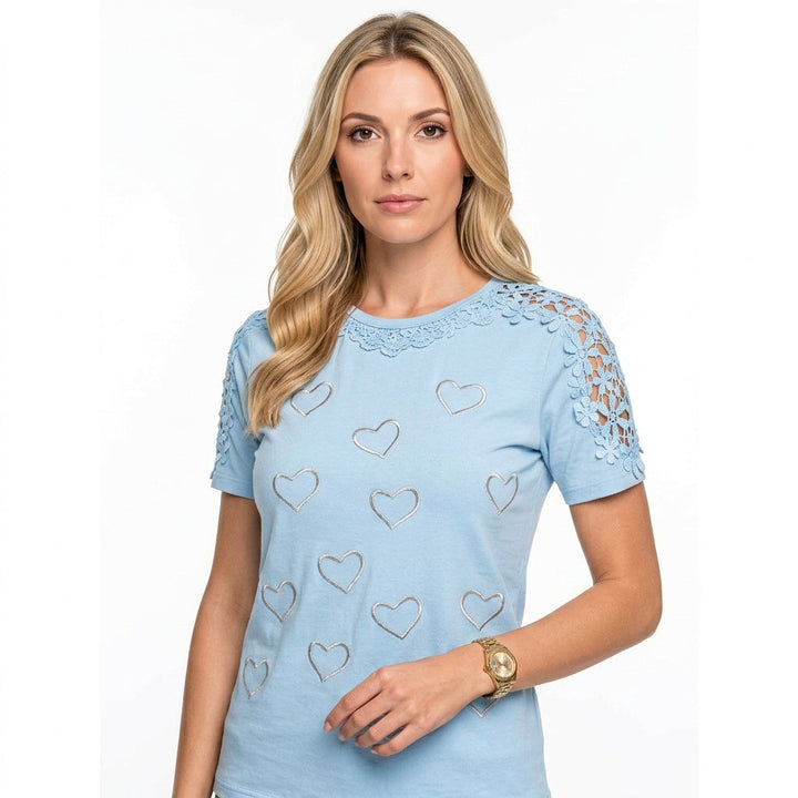 Josephine | Women's Heart Print Top with Lace Sleeve Detail
