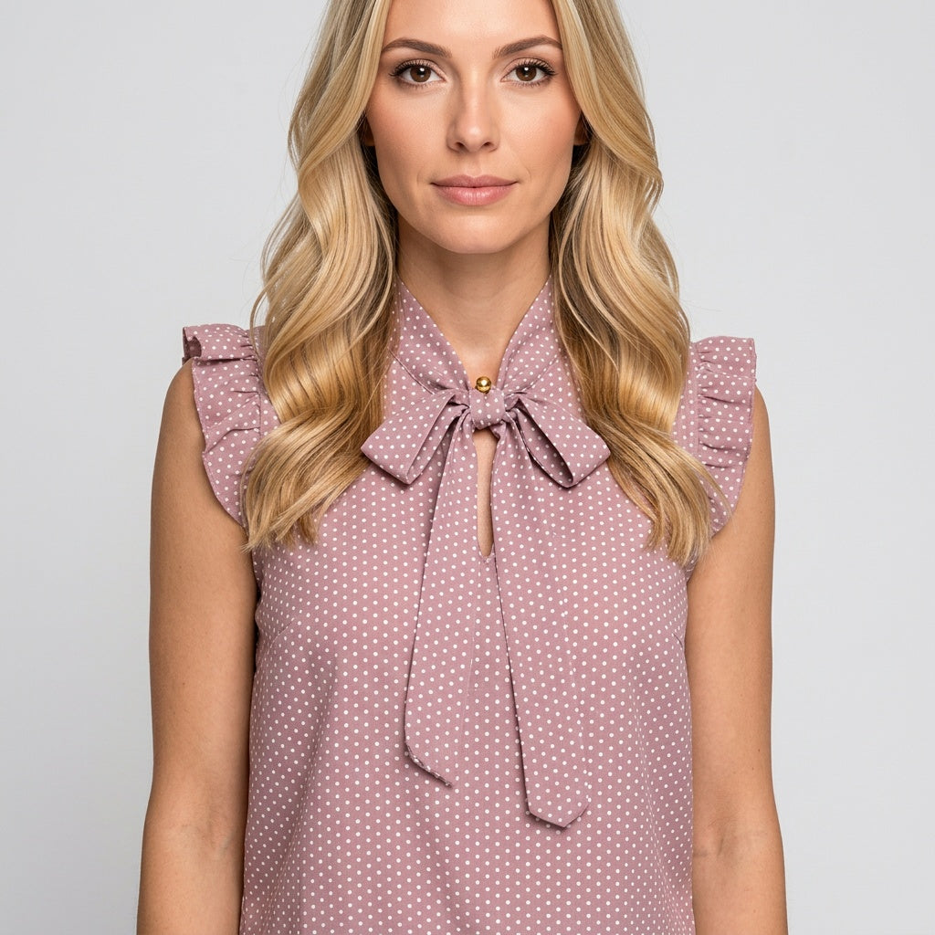 Josephine | Women's Sleeveless Blouse with Polka Dot Bow-Neck Design