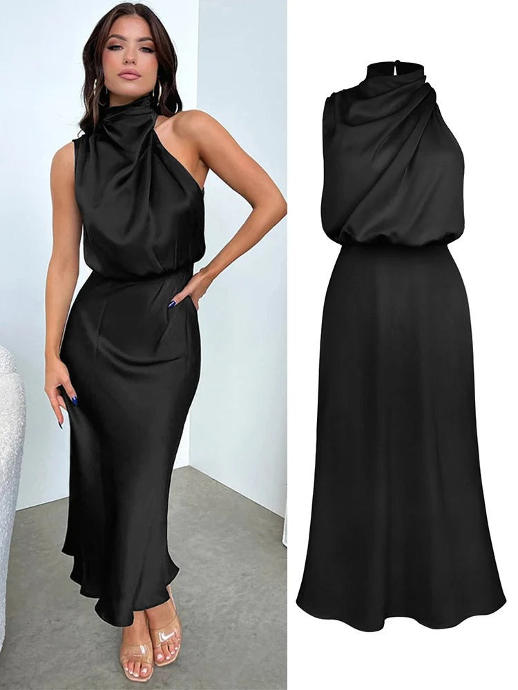 Vivara | Cowl Twist Blouson Halter Neck Maxi Dress in Satin