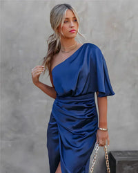 Dominique | Ruched Satin Flutter Sleeve Off Shoulder Dress