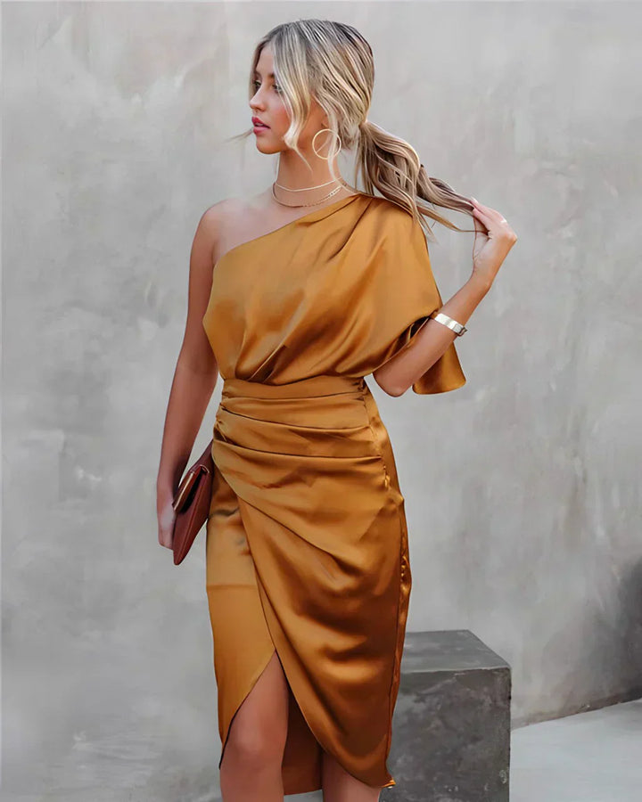 Dominique | Ruched Satin Flutter Sleeve Off Shoulder Dress