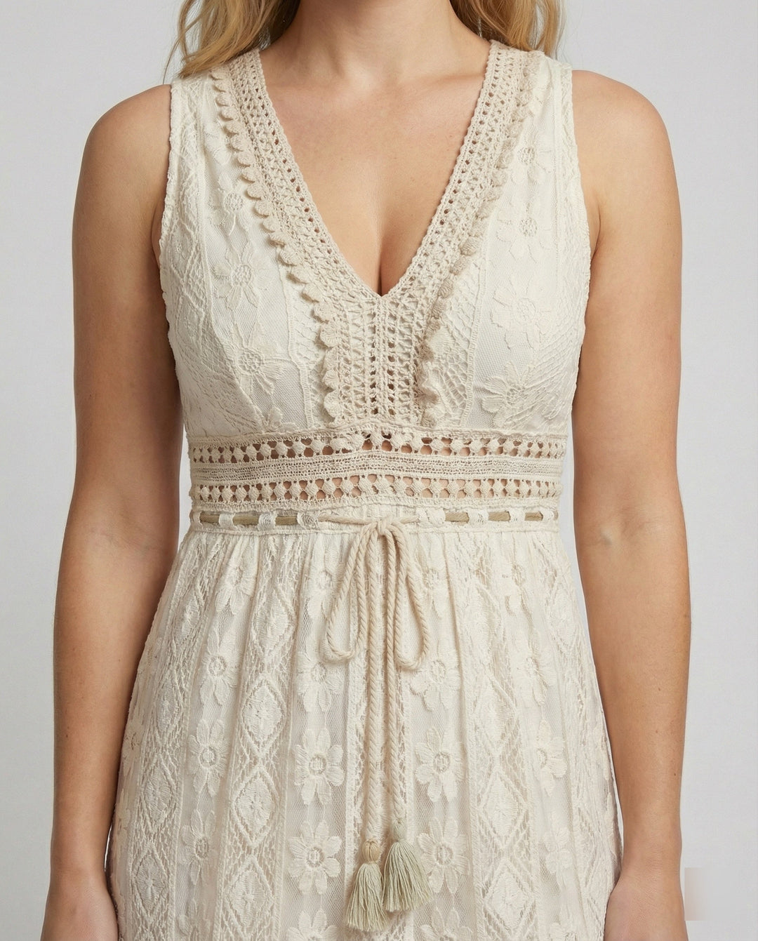 Seraphine | Tiered Lace Tassel V-Neck Boho Dress with Crochet Waist