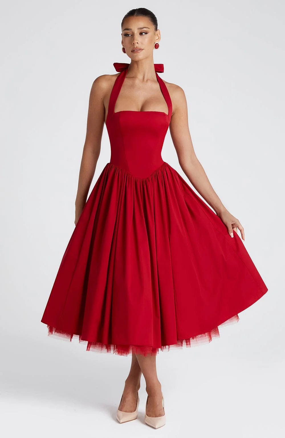 Winnifred | Women's Halter Bow Wedding Guest Dress Full Skirt