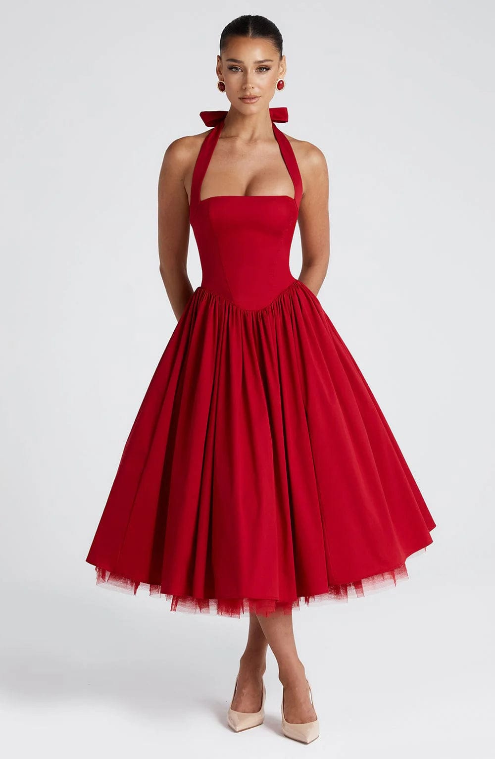 Winnifred | Women's Halter Bow Wedding Guest Dress Full Skirt