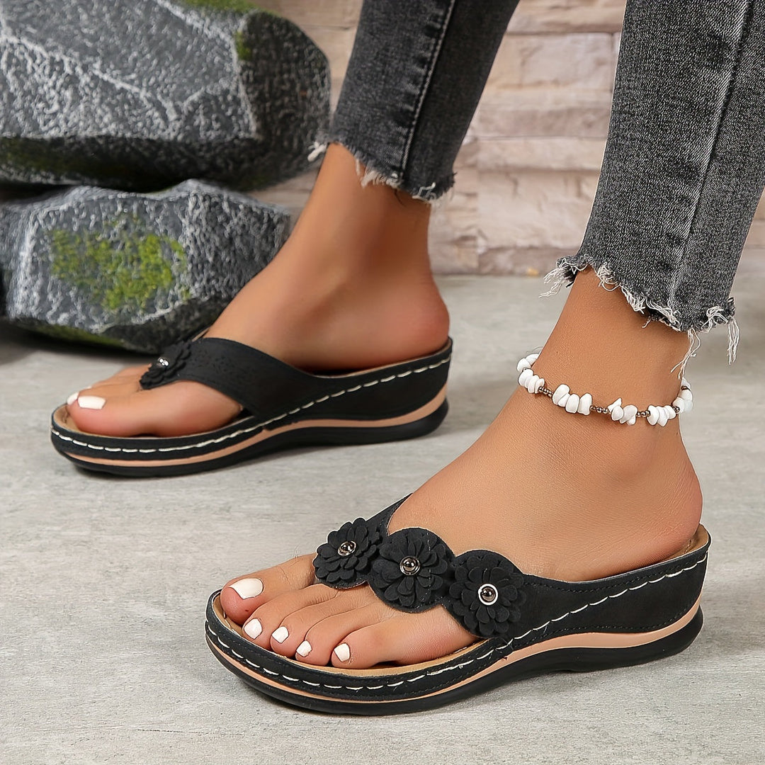 Fiora | Floral Embellished Wedge Sandals with Toe Loop