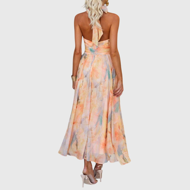 Soleil | Watercolour Floral Wrap Halter Neck Maxi Dress in Chiffon