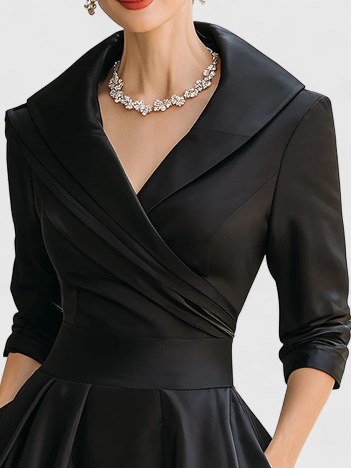 Audrey | Satin Wrap Collar Full Skirt Wedding Guest Dress