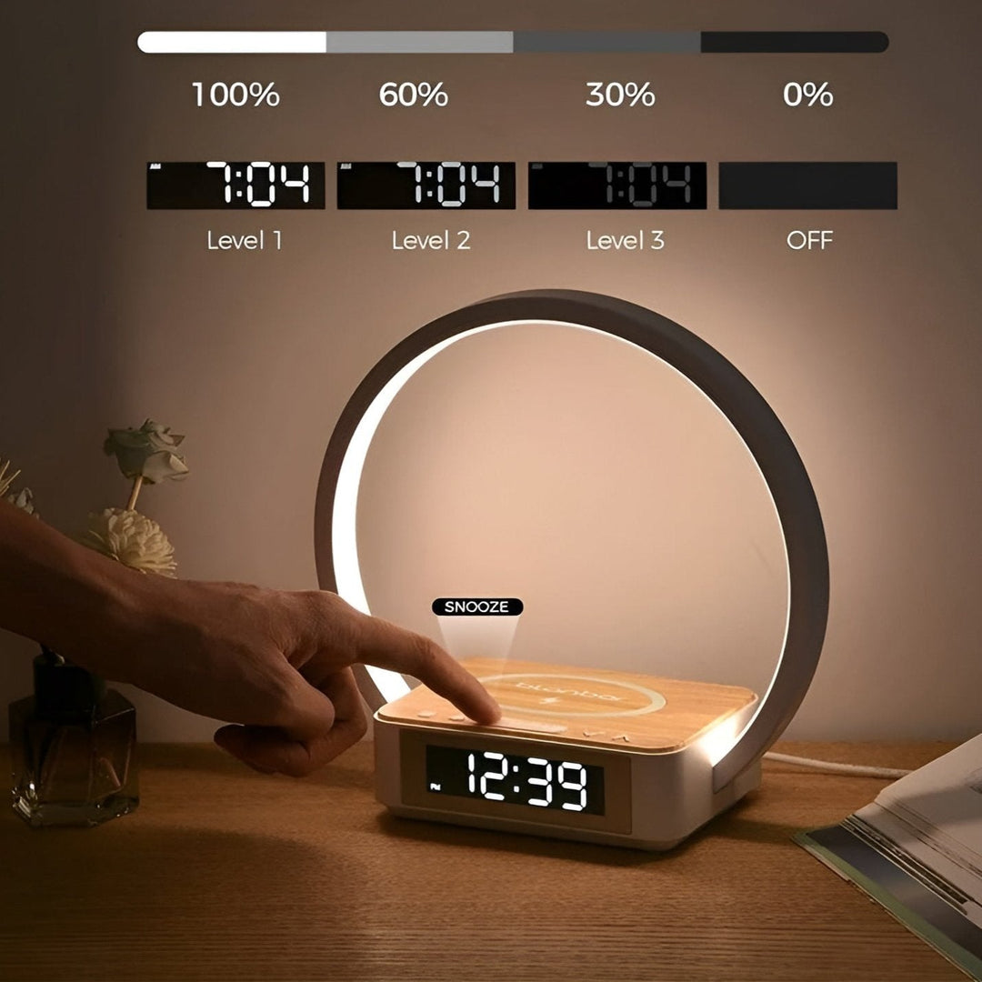 Designer Night Light with Wireless Charger and Alarm Clock – Bedside Lamp with Gentle Wake-Up &amp; Touch Control – LumoRise