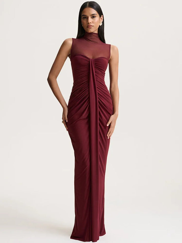 Rosalind | Women's Mesh High Neck Wedding Guest Dress with Ruching
