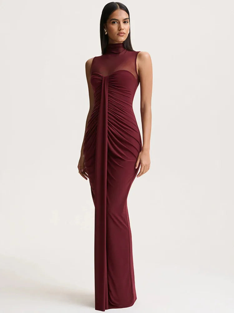 Rosalind | Women's Mesh High Neck Wedding Guest Dress with Ruching