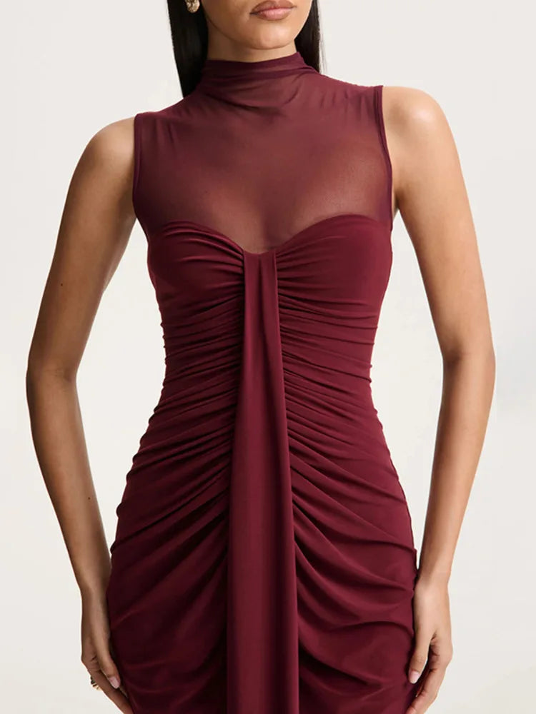 Rosalind | Women's Mesh High Neck Wedding Guest Dress with Ruching