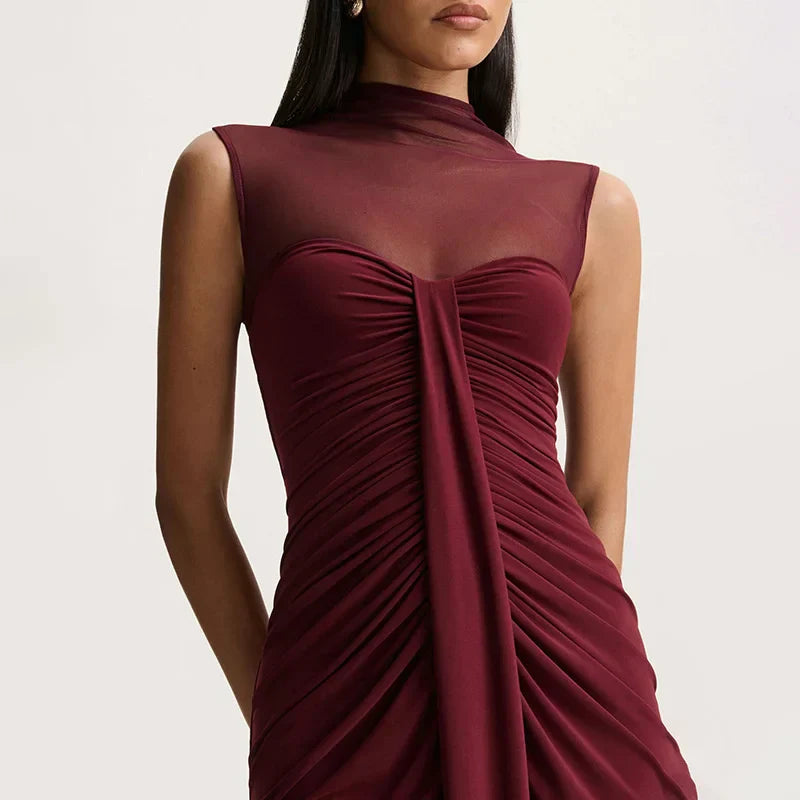 Rosalind | Women's Mesh High Neck Wedding Guest Dress with Ruching